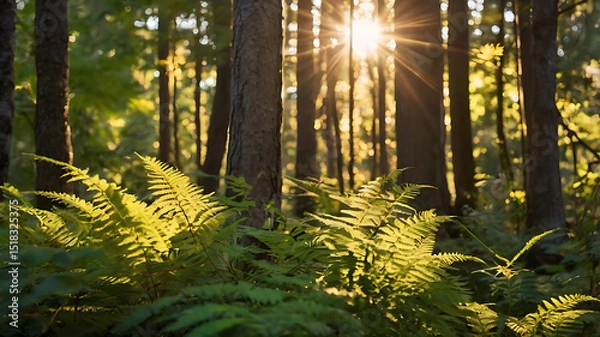 Fototapeta A peaceful natural background featuring a sunlit forest with soft bokeh lights, green leaves in the foreground, and warm golden hour lighting — ideal for wellness or meditation themes.