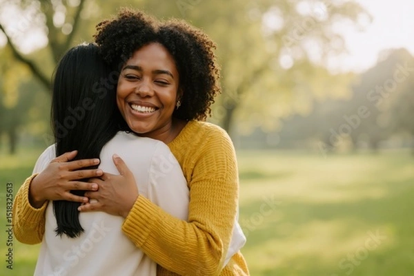 Obraz happy women embracing each other in a sunny park, sharing joy and friendship in a serene outdoor setting while enjoying a moment of connection