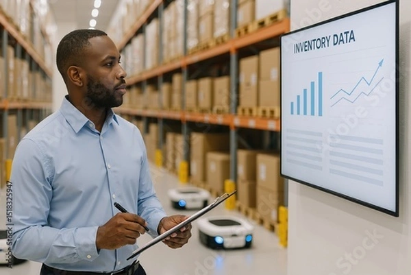 Obraz adult african man analyzing inventory data in a modern warehouse using a clipboard while observing graphical reports and robotic assistants in the background