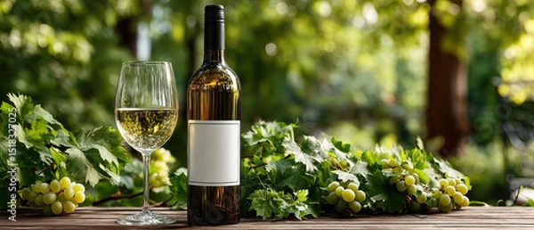 Fototapeta Wine bottle with blank label and glass of white wine are placed wooden table surrounded by grapevine leaves natural setting