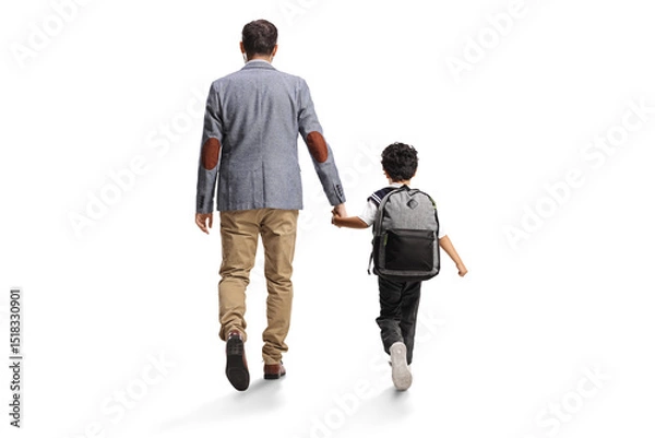 Fototapeta Rear view shot of a man and school kid holding hands and walking