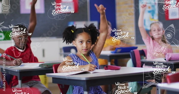 Fototapeta Image of falling multiple back to school icons over diverse group of students