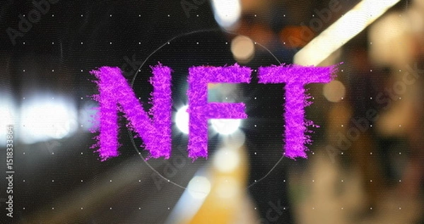 Fototapeta Image of pink nft text over underground train arriving at metro station