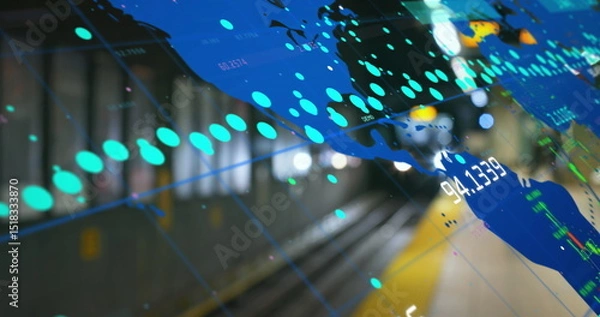 Fototapeta Image of world map and processing data over underground train arriving at metro station
