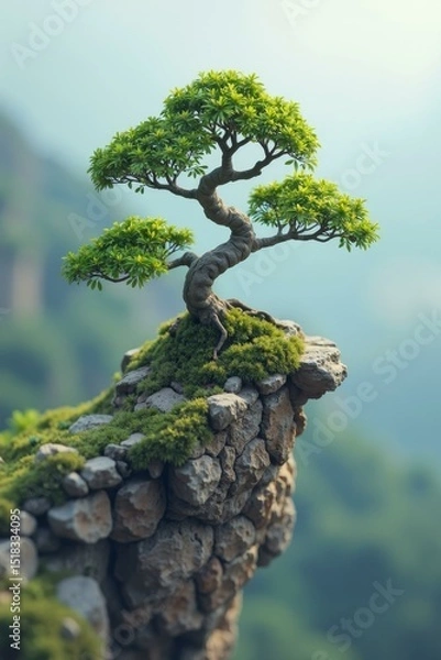 Fototapeta Solitary Green Bonsai Tree on Cliff with Moss and Mountain View