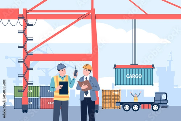 Fototapeta Cargo terminal workers. Unload freight containers on auto trucks. Warehouse and seaport workers, transportation and logistic, recent vector scene