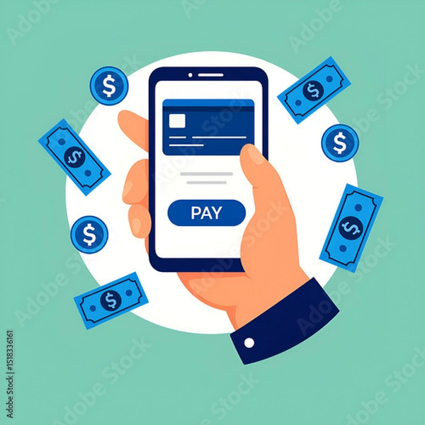 Fototapeta Mobile Payment App Illustration – Online Transaction with Smartphone and Digital Money