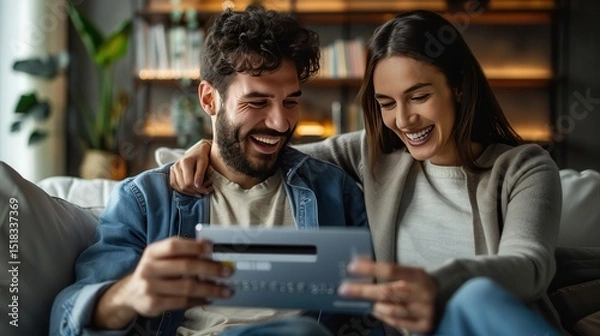 Obraz Laughing, tablet or happy couple with credit card in home for ecommerce sale, fintech web or order choice. Funny joke, easy payment or people with financial app, online shopping or internet banking