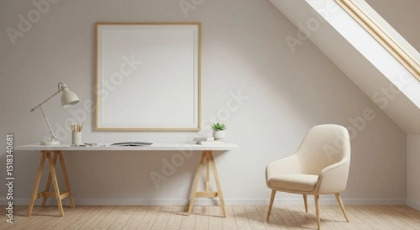 Fototapeta Wood Frame Mockup in Minimalist Attic Home Offic