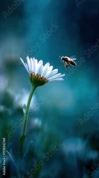 Fototapeta Realistic macro photo of a daisy in early bloom, one bee in mid-flight approaching