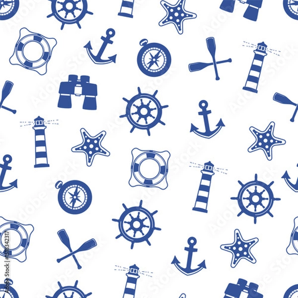 Fototapeta Nautical Vector Seamless Pattern of Icons Including Compass, Wheel, Lifebuoy, Anchor, Lighthouse and Starfish