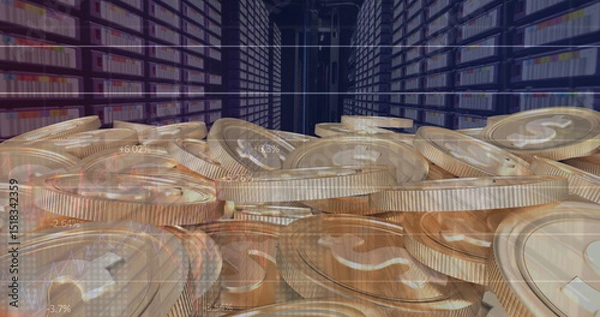 Fototapeta Image of coins with nft and graphs over servers