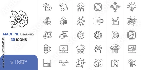 Obraz Machine Learning Icons Set, AI & Data Science Icons, 30 Machine Learning Symbols, Tech & AI Icons Bundle, Modern AI Icons Collection, Editable AI Line, new icons set, ai, machine learning pack