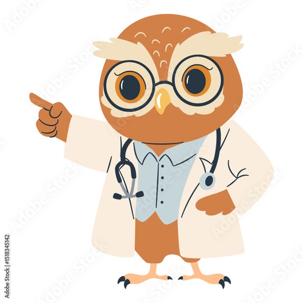 Obraz Cute owl in doctor costume pointing wing on white background. Flat vector illustration in simple children's style . Vector illustration