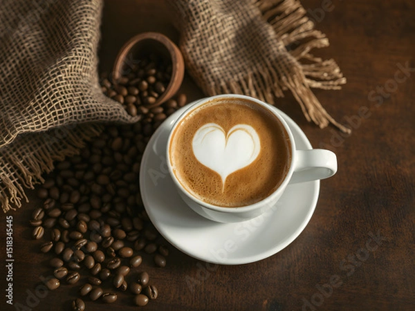 Fototapeta Heart Latte Art in Cup of Coffee with Beans on Rustic Wooden Table