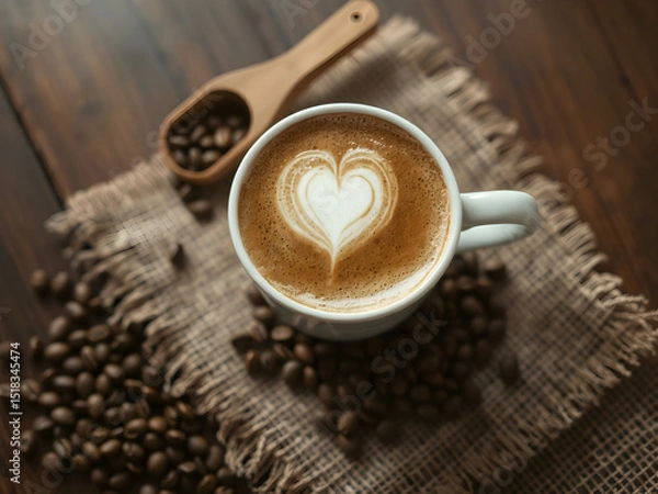 Fototapeta Heart Latte Art in Cup of Coffee with Beans on Rustic Wooden Table
