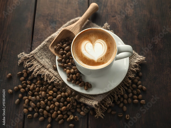 Fototapeta Heart Latte Art in Cup of Coffee with Beans on Rustic Wooden Table