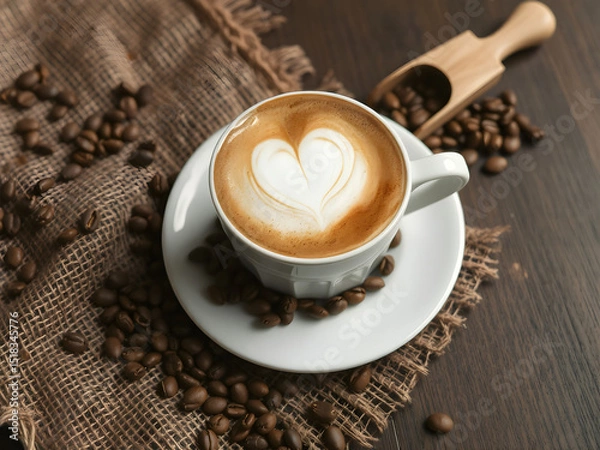 Fototapeta Heart Latte Art in Cup of Coffee with Beans on Rustic Wooden Table