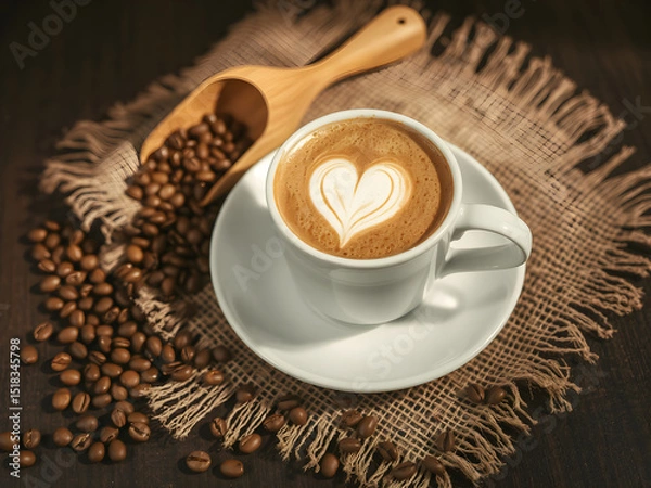 Fototapeta Heart Latte Art in Cup of Coffee with Beans on Rustic Wooden Table