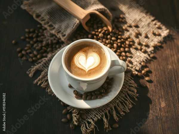 Fototapeta Heart Latte Art in Cup of Coffee with Beans on Rustic Wooden Table