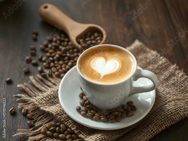 Fototapeta Heart Latte Art in Cup of Coffee with Beans on Rustic Wooden Table