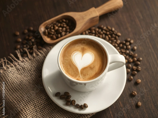 Fototapeta Heart Latte Art in Cup of Coffee with Beans on Rustic Wooden Table