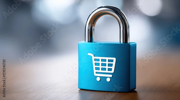 Fototapeta Blue padlock with shopping cart icon symbolizes secure online shopping and safe e commerce transactions on wooden surface