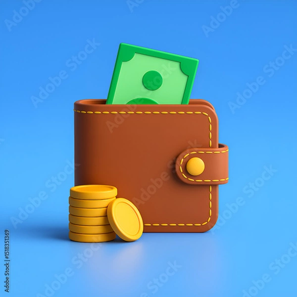 Fototapeta 3D Render of Wallet with Cash and Coins – Digital Finance and Banking Concept