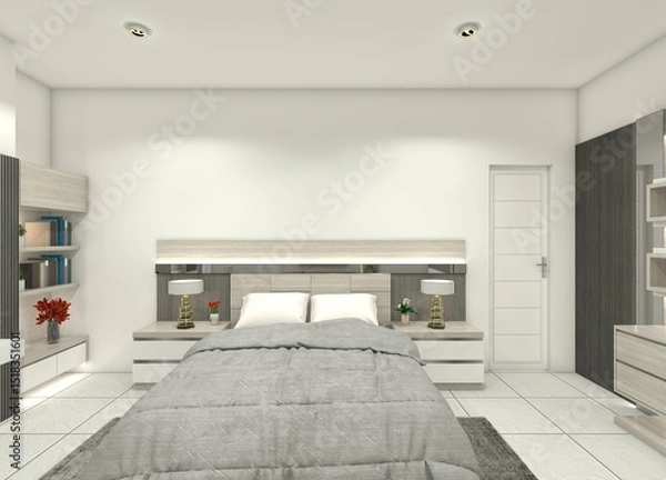 Fototapeta A 3D interior design for a bedroom, featuring a modern panel headboard and bedside tables