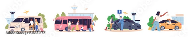 Fototapeta Airport transfer. Car van taxi waiting tourist at terminal, bus transport arrive passengers to hotel after plane flight, travel trip ride cab service classy vector illustration