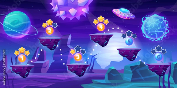 Fototapeta Space game level. Alien planet mobile fantasy online game map, astronaut spaceship flying platform route galaxy cosmic trip 2d computer videogame cartoon swanky vector illustration