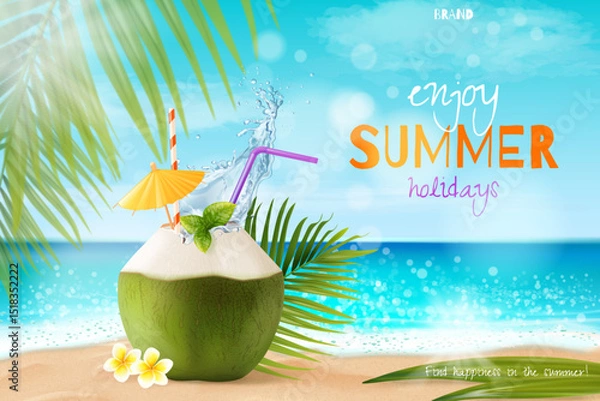 Fototapeta Coconut water poster. Realistic coco cocktail ad banner, coconut fresh drink summer vacation beach party hawaii bar tropical palm fruit juice, exact background vector illustration