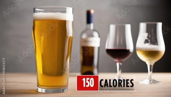 Fototapeta A striking visual calorie comparison of alcoholic drinks. Bold '150 Calories' text beside a clear beer glass, with wine and cocktail glasses faded in the background showing smaller calorie counts. 
