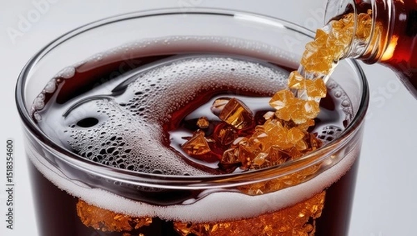 Fototapeta Close-up of soda being poured into a glass with glowing sugar crystals spilling alongside. Glossy fizz and subtle glow highlight the hidden calorie content in sugary drinks.