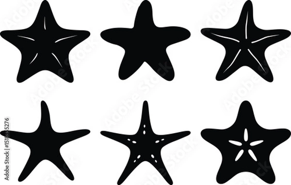 Fototapeta Six unique black starfish silhouettes in a pattern against a white background
