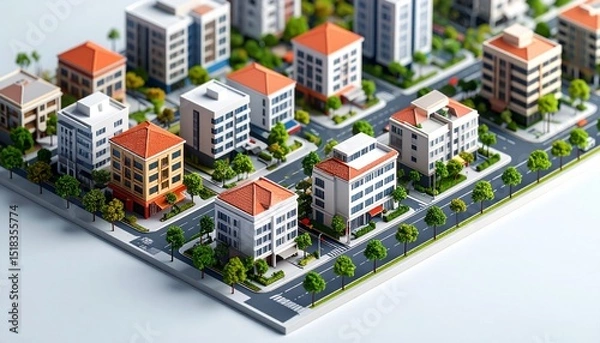 Fototapeta A vibrant isometric view of picturesque streets in Singapore showcasing a harmonious blend of modern skyscrapers, traditional architecture, lush greenery, bustling markets, and colorful city life