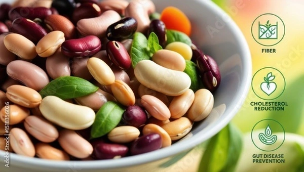 Fototapeta Close-up of a colorful bowl of beans, highlighting textures and variety. Soft-focus background with subtle icons for fiber, gut health, and cholesterol support emphasizes their health benefits.