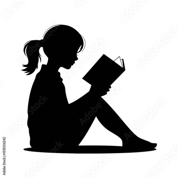 Fototapeta A silhouette of a girl with a ponytail sitting cross-legged while intently reading a book