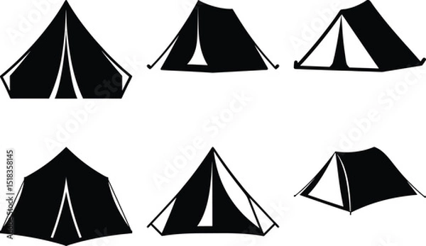 Fototapeta Various tents in vector format shown as black silhouettes against white backdrop