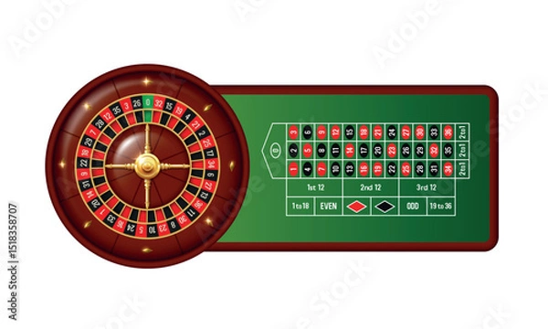 Fototapeta Roulette wheel and roulette table. Vector illustration.