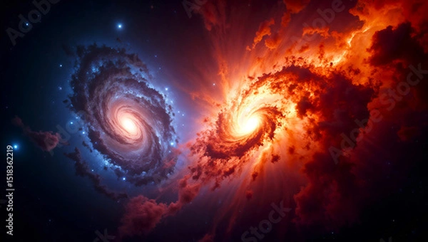Fototapeta Stunning Galaxy Collision showcasing two swirling galaxies intertwined in dramatic cosmic dance