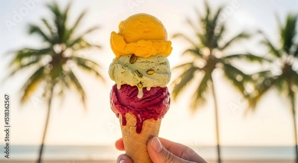 Obraz Tropical Gelato Paradise: Vibrant Scoops, Palm Trees, and Summer Vibes

