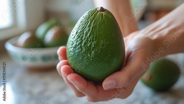 Fototapeta Close-up of a hand gently holding a ripe, unblemished avocado. Smooth skin and firm texture highlight freshness, with softly blurred avocados in a bowl in the background.