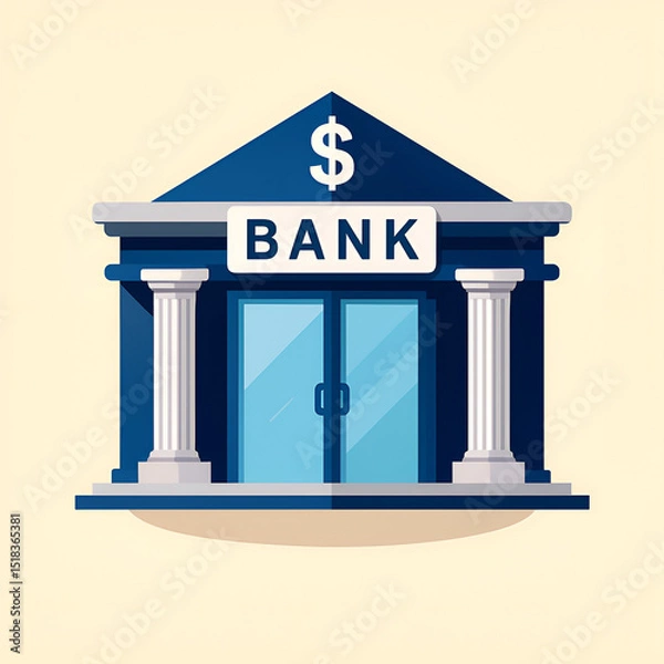 Fototapeta Flat Style Bank Building Illustration | Finance & Banking Vector | Fintech & Corporate Design Asset , Illustration of a Bank Building with Pillars and Dollar Sign - Financial and Banking Concept Art