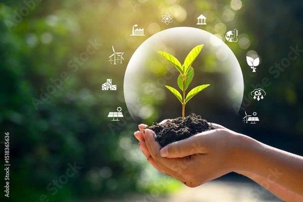 Obraz environment Earth Day In the hands of trees growing seedlings. Bokeh green Background Female hand holding tree on nature field grass Forest conservation concept