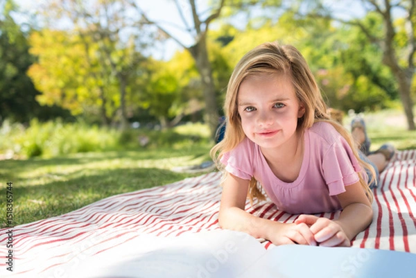 Fototapeta Child girl reading open book on red and white striped blanket at grassy park, copy space