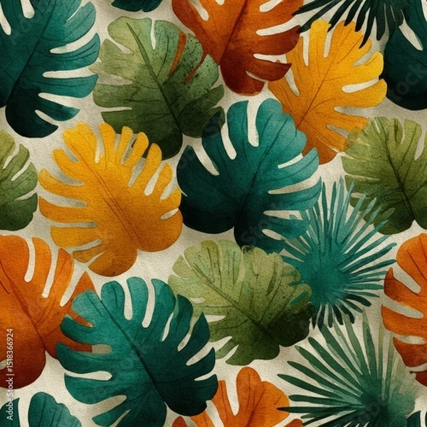 Obraz Seamless pattern featuring vibrant tropical leaves in shades of green, orange, and teal, creating a lively and fresh botanical design for various creative projects