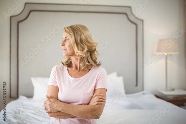 Fototapeta Bed with white linens resting against grey upholstered headboard in bedroom, with lamp glowing