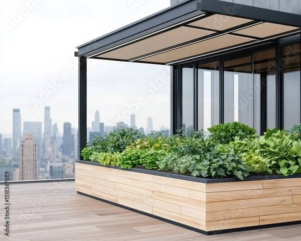 Obraz Modern rooftop garden with lush greenery, wooden planter, and city skyline view in the background.