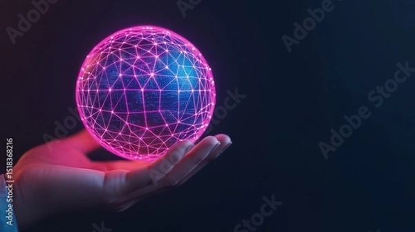 Obraz A glowing digital globe with neon pink connections is held above a person's hand against a dark background.